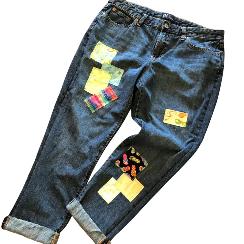Patchwork Denim Capri Pants, Upcycled Gap Summer Patch Cropped Jeans 30 Waist